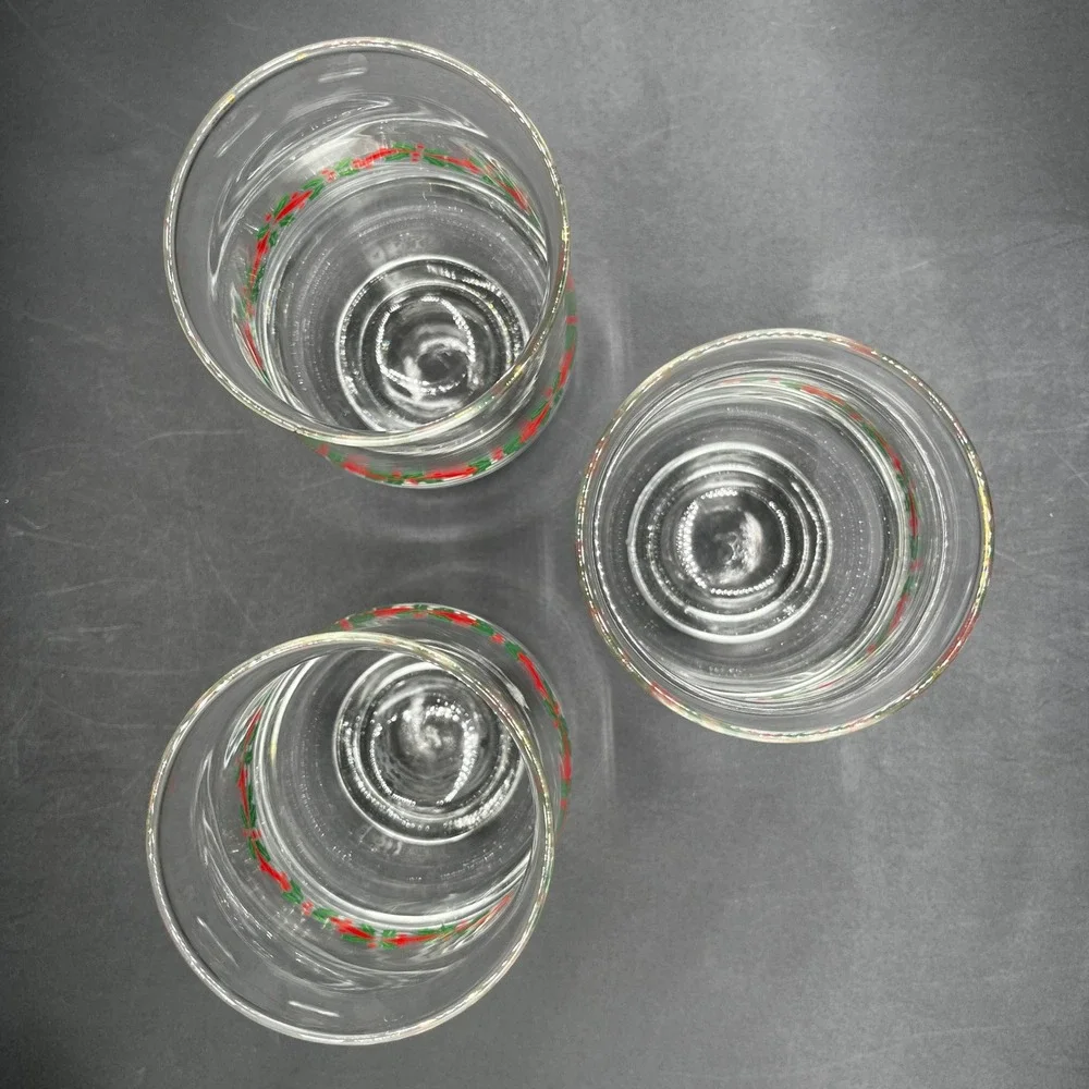 Vtg Libbey Christmas Holly & Ribbon Glass Tumblers Set of 3 Clear 14oz Footed